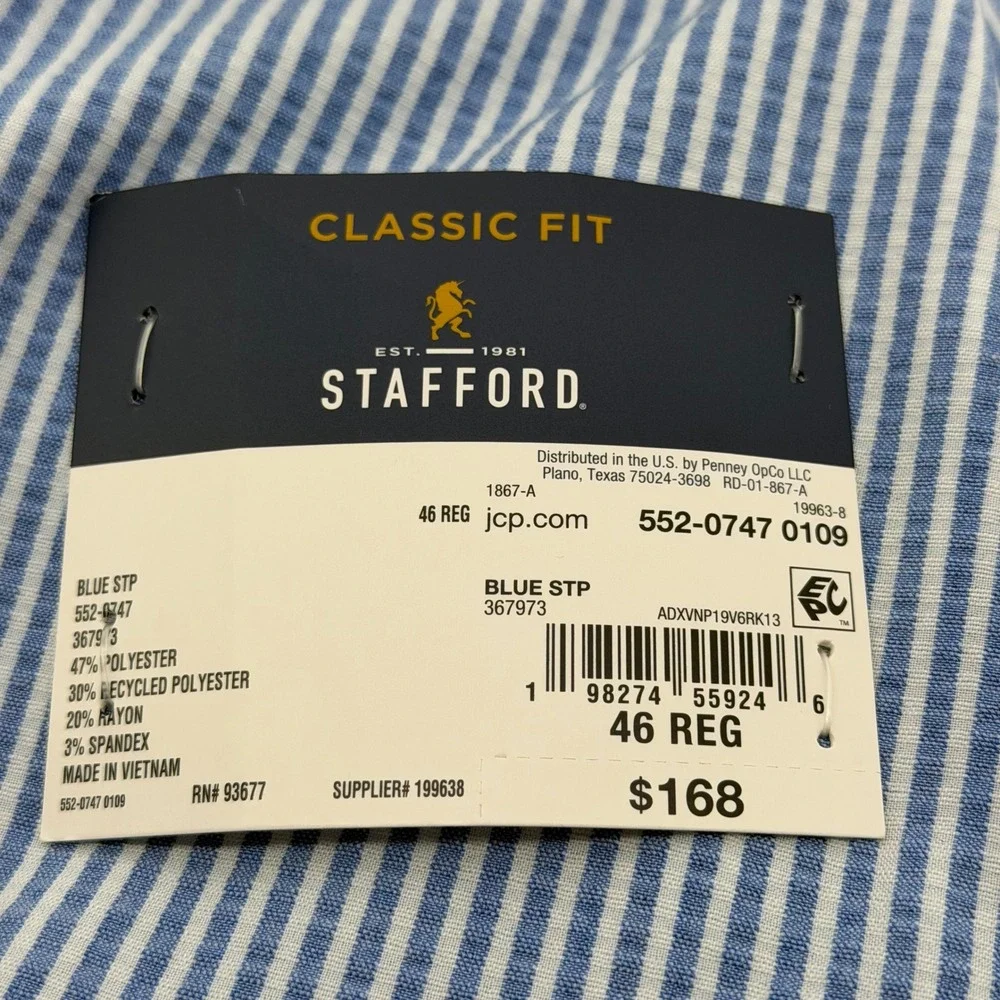 Stafford Sport Coat Mens 46R Blue Seersucker Stripe Classic Fit Stretch Blazer